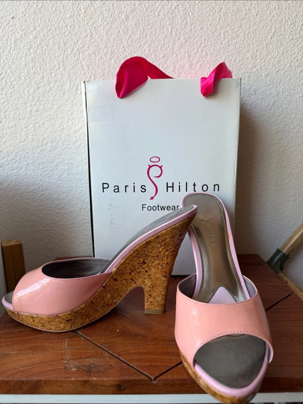 Paris Hilton Pink Patent Cork Wedge Mules - Picture 1 of 6